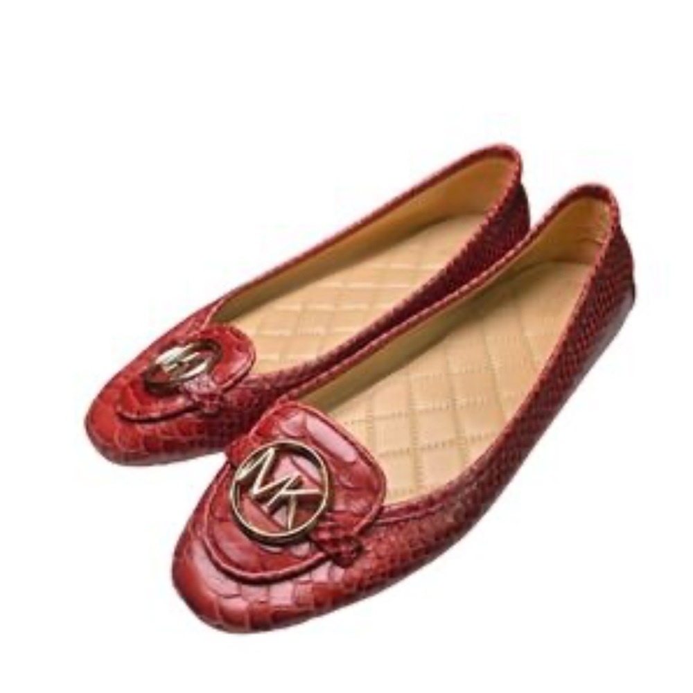 Michael Kors Red Croc-Embossed Leather Loafers with Gold MK Emblem